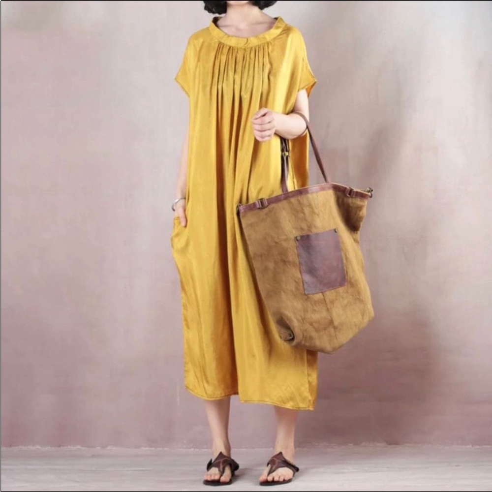 Silky Dress Yellow Sundress Pleated Front Loose Fit Dress